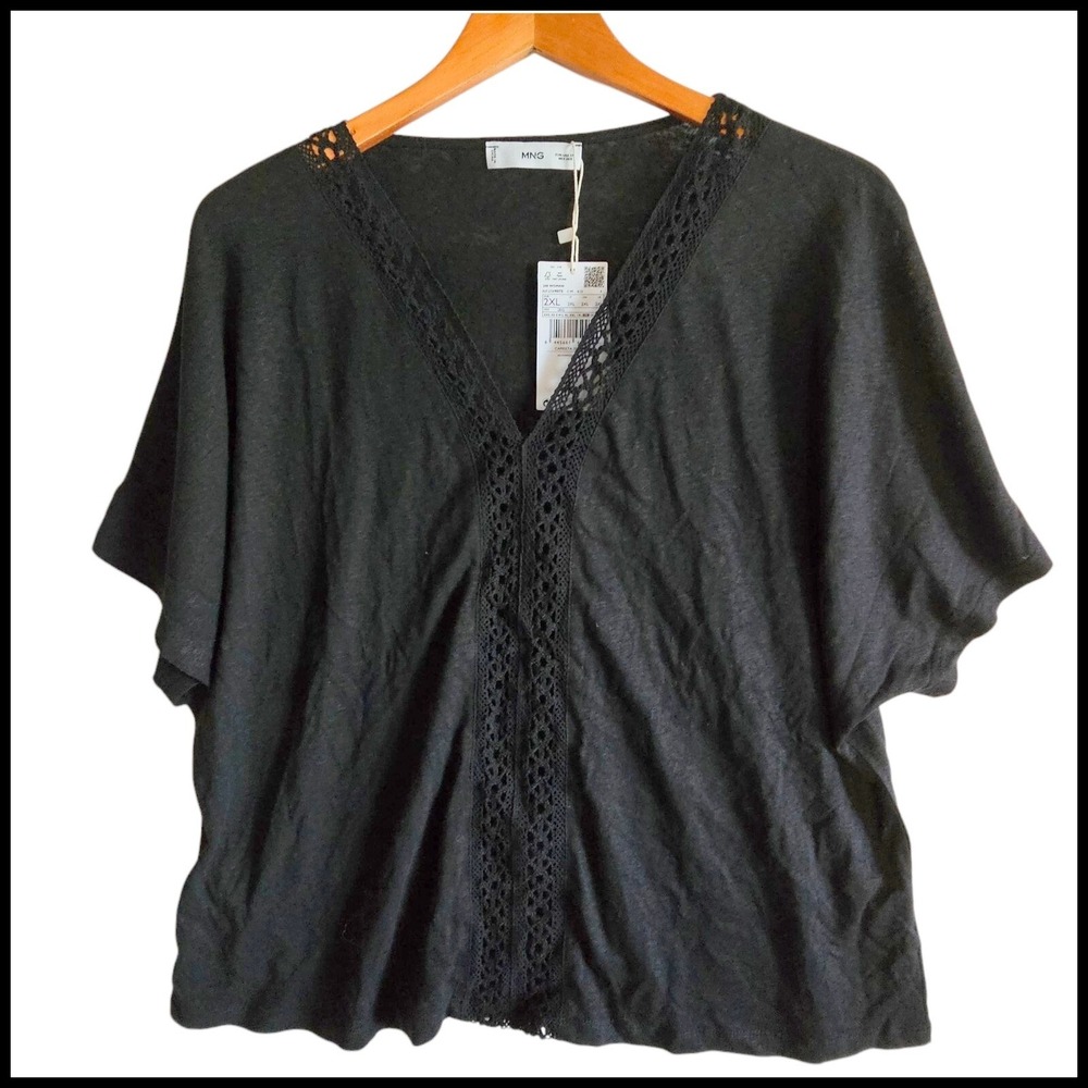 MNGโ Crochet Trim Top Blouse V Neck Short Sleeve Black 2XL NWT